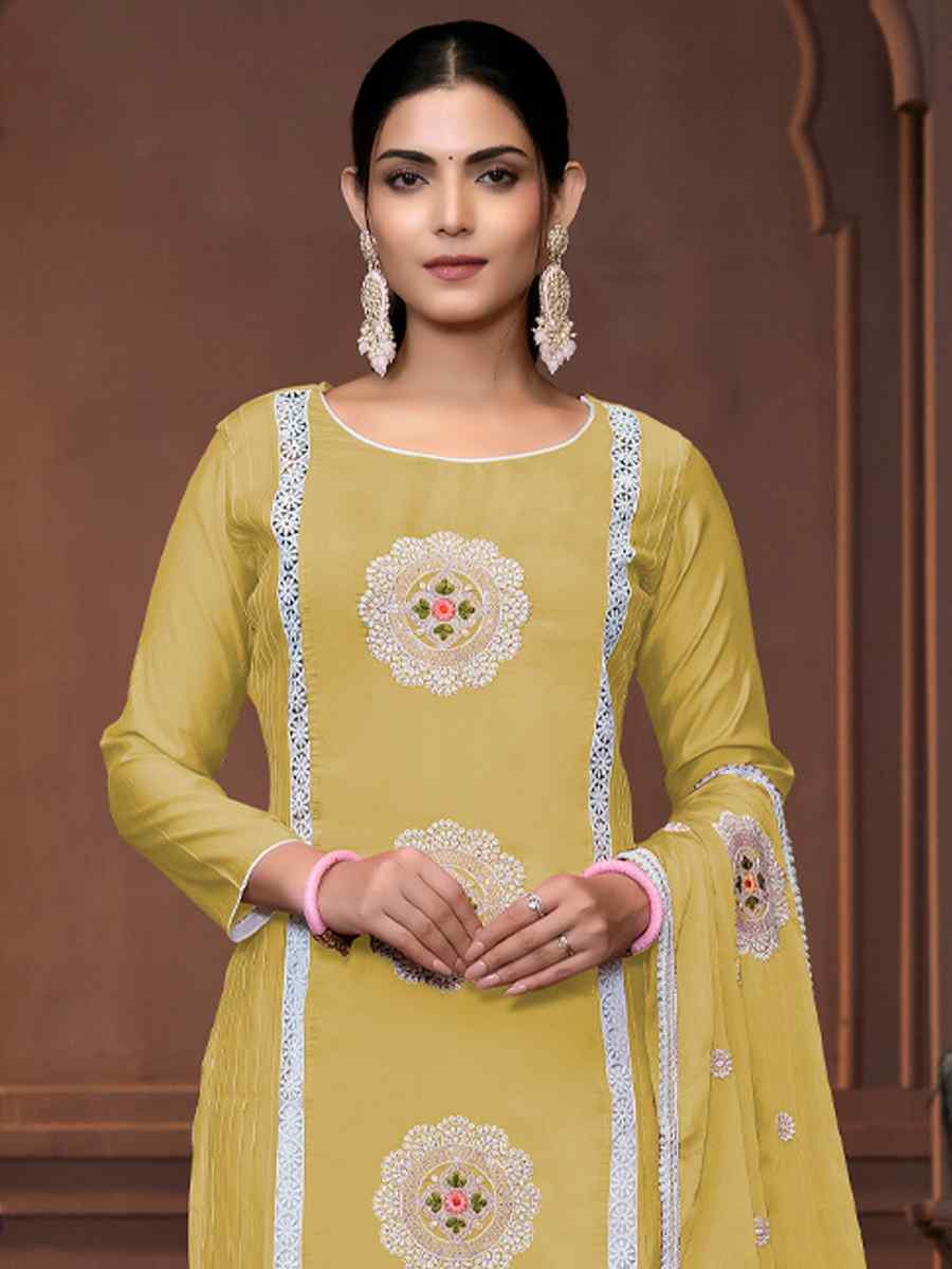 Yellow Roman Silk Embroidered Casual Festival Pant Salwar Kameez