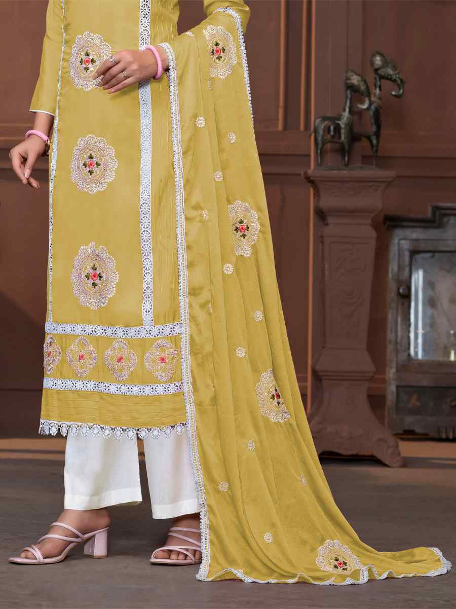 Yellow Roman Silk Embroidered Casual Festival Pant Salwar Kameez