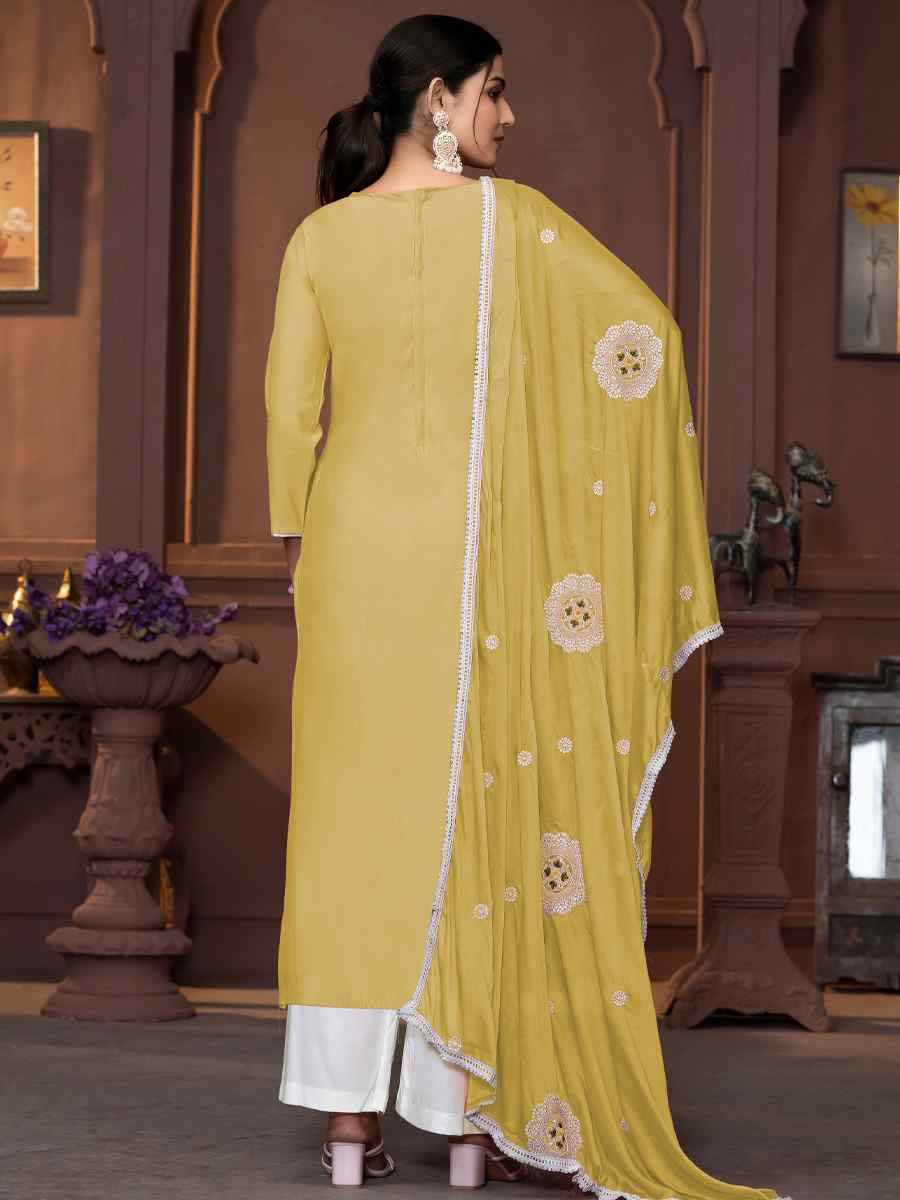 Yellow Roman Silk Embroidered Casual Festival Pant Salwar Kameez