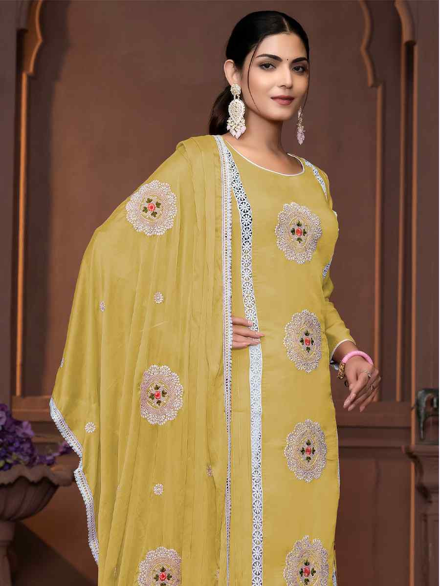 Yellow Roman Silk Embroidered Casual Festival Pant Salwar Kameez