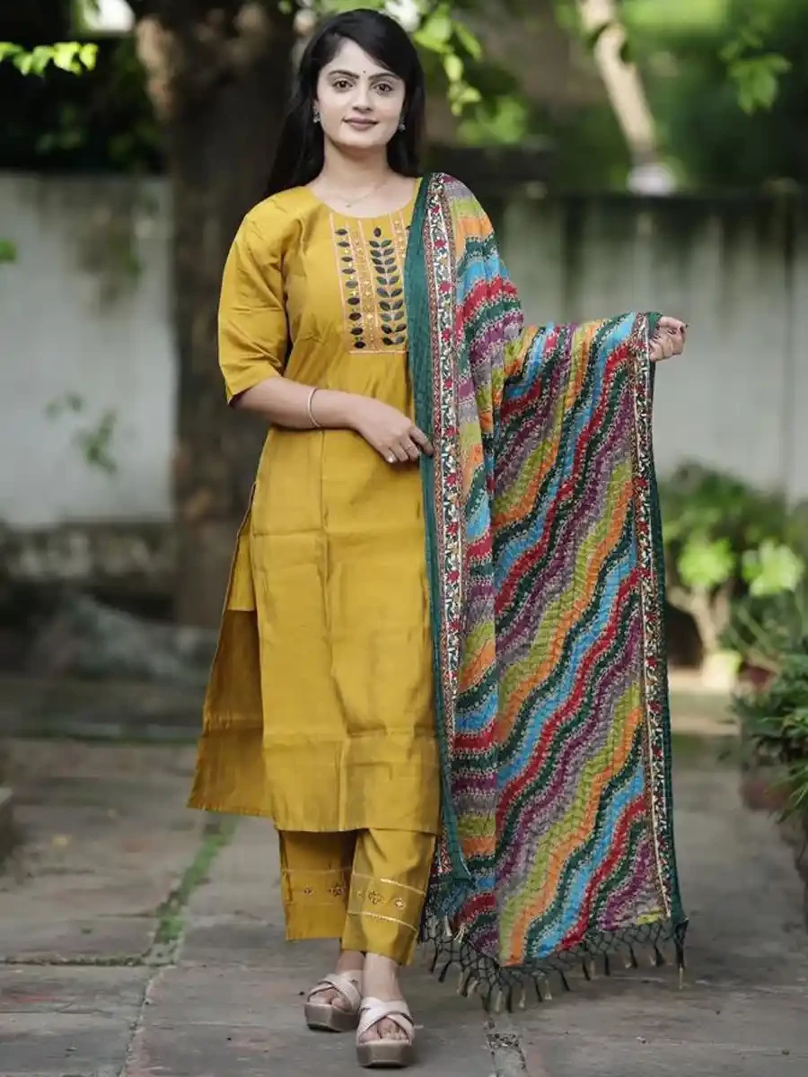 Yellow Roman Silk Embroidered Festival Casual Ready Pant Salwar Kameez