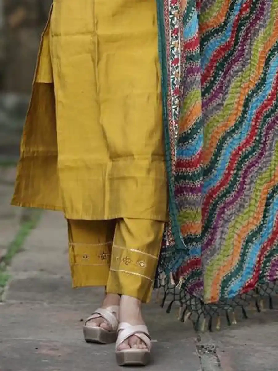 Yellow Roman Silk Embroidered Festival Casual Ready Pant Salwar Kameez