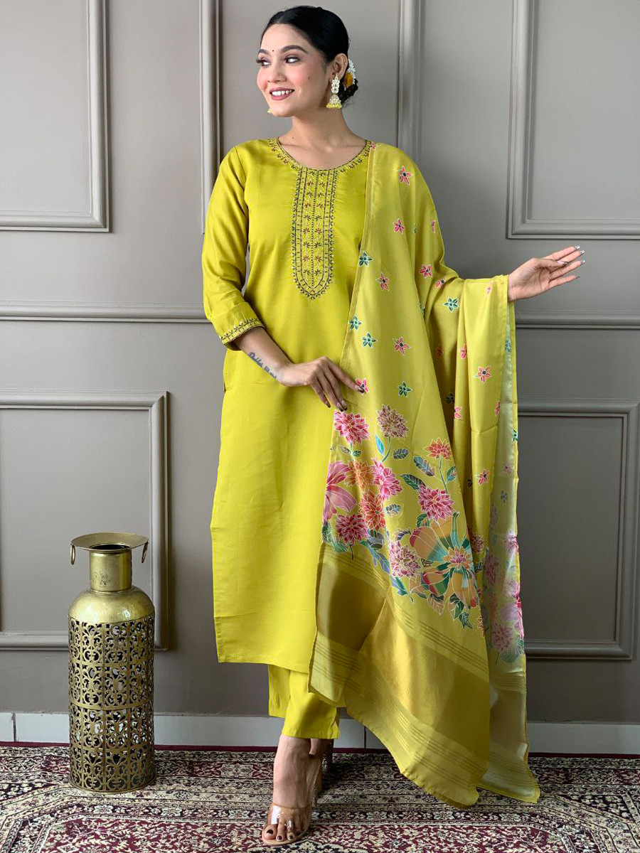 Yellow Roman Silk Embroidered Festival Casual Ready Pant Salwar Kameez