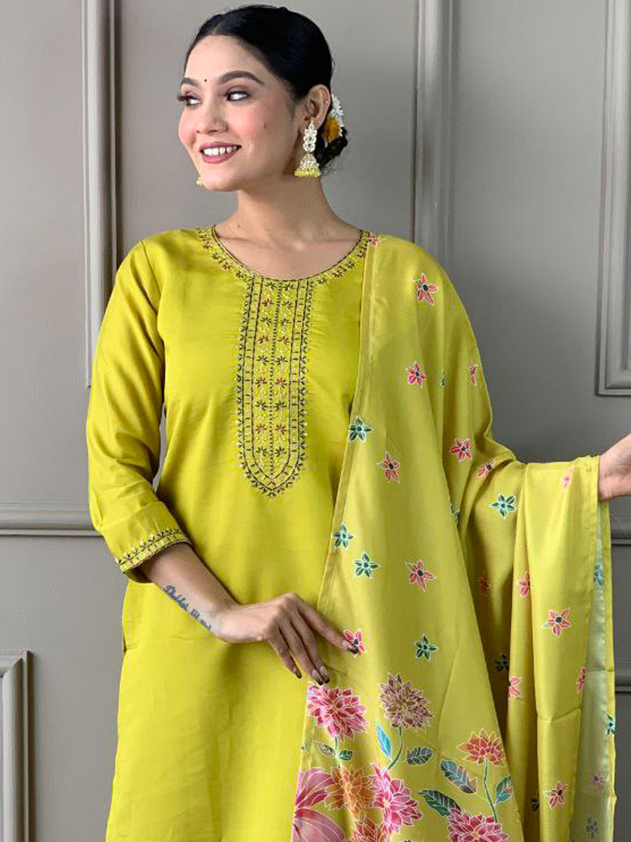 Yellow Roman Silk Embroidered Festival Casual Ready Pant Salwar Kameez