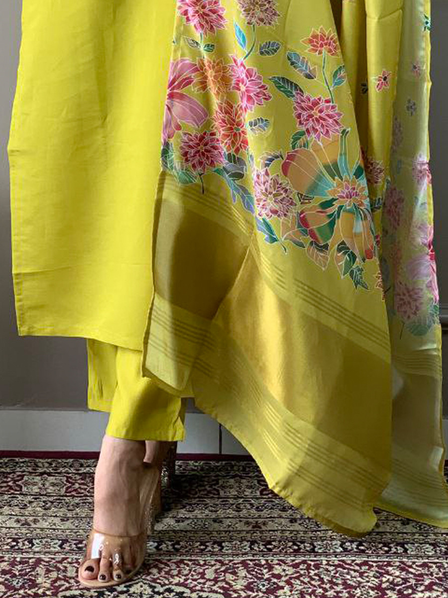 Yellow Roman Silk Embroidered Festival Casual Ready Pant Salwar Kameez