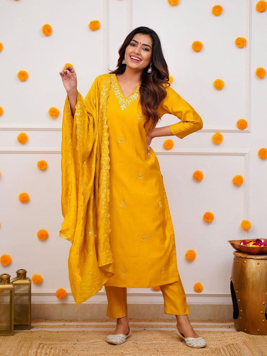 Yellow Roman Silk Embroidered Festival Mehendi Ready Pant Salwar Kameez