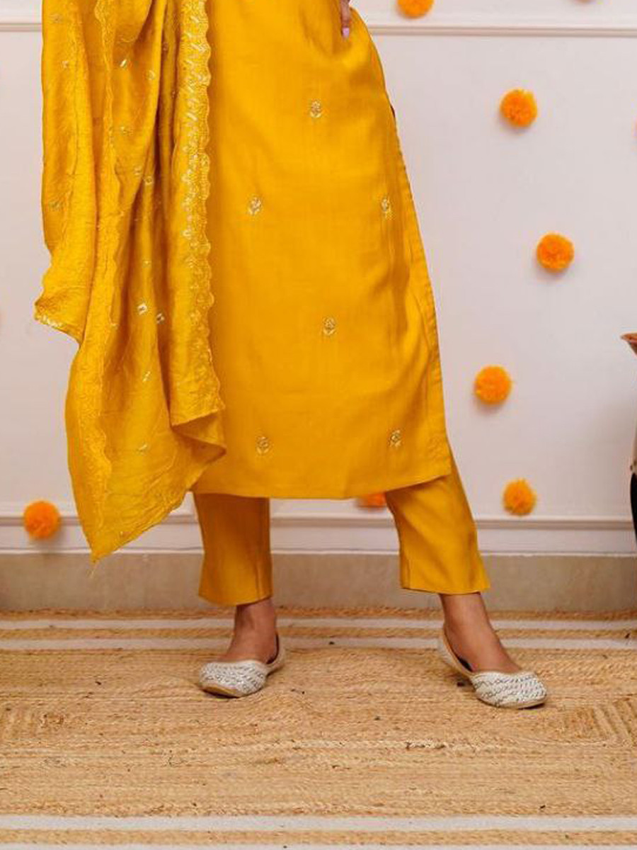 Yellow Roman Silk Embroidered Festival Mehendi Ready Pant Salwar Kameez