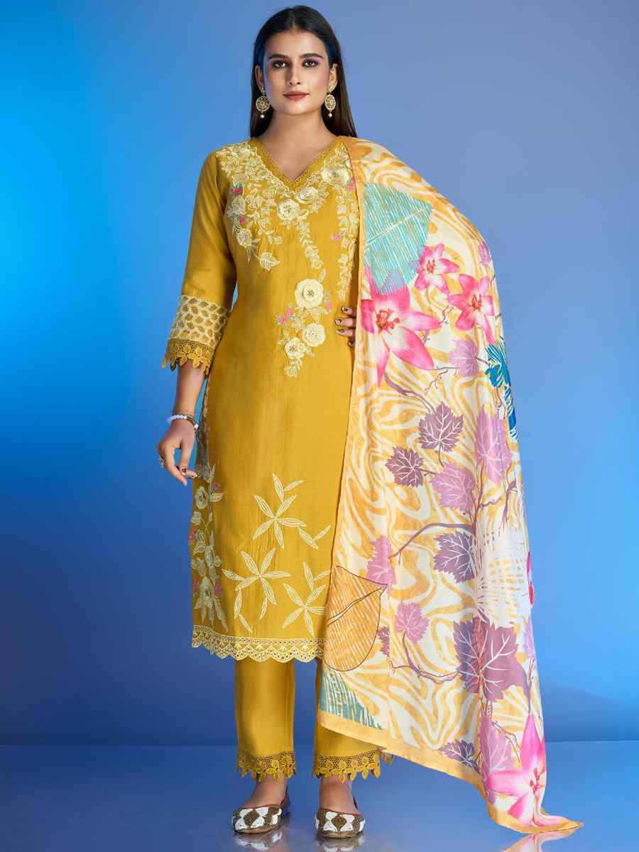 Yellow Roman Silk Printed Festival Party Ready Pant Salwar Kameez