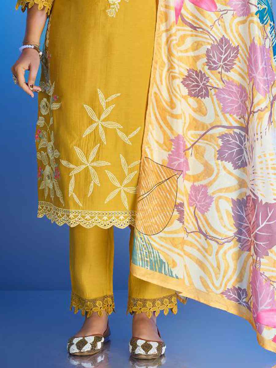 Yellow Roman Silk Printed Festival Party Ready Pant Salwar Kameez