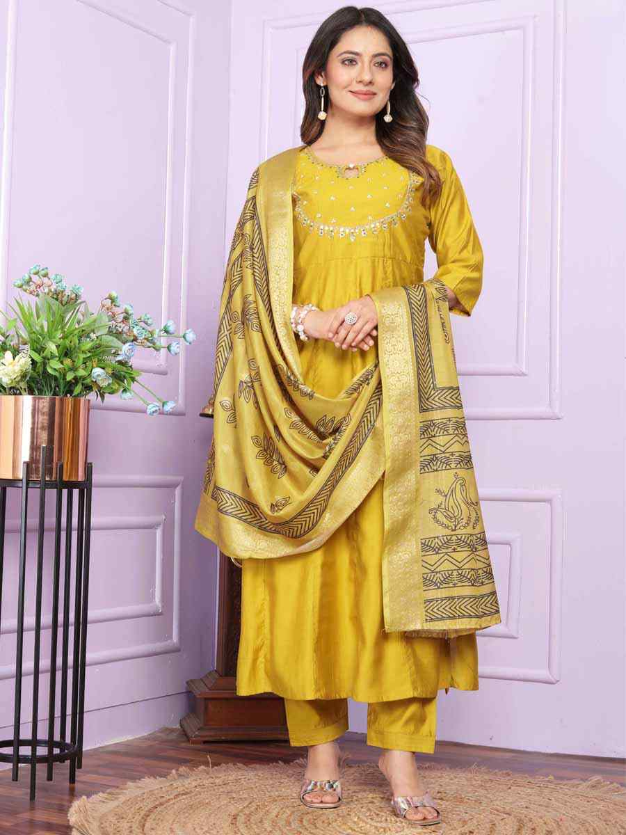 Yellow Russian Silk Embroidered Festival Mehendi Ready Anarkali Salwar Kameez