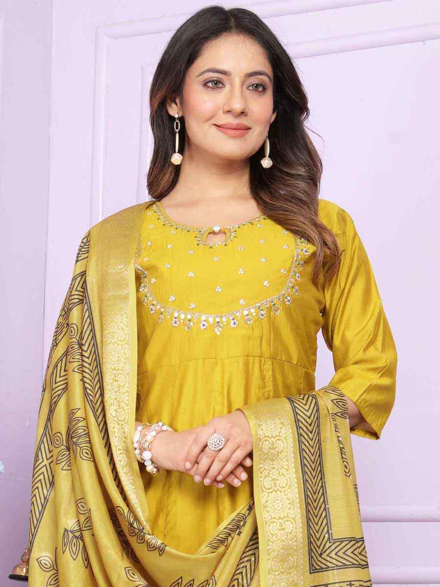 Yellow Russian Silk Embroidered Festival Mehendi Ready Anarkali Salwar Kameez