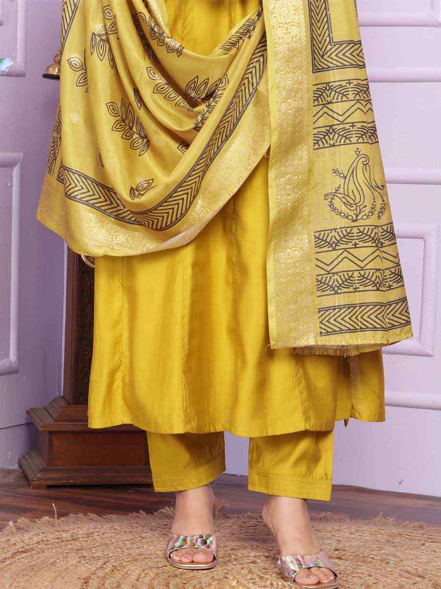 Yellow Russian Silk Embroidered Festival Mehendi Ready Anarkali Salwar Kameez