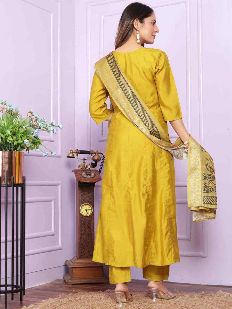 Yellow Russian Silk Embroidered Festival Mehendi Ready Anarkali Salwar Kameez