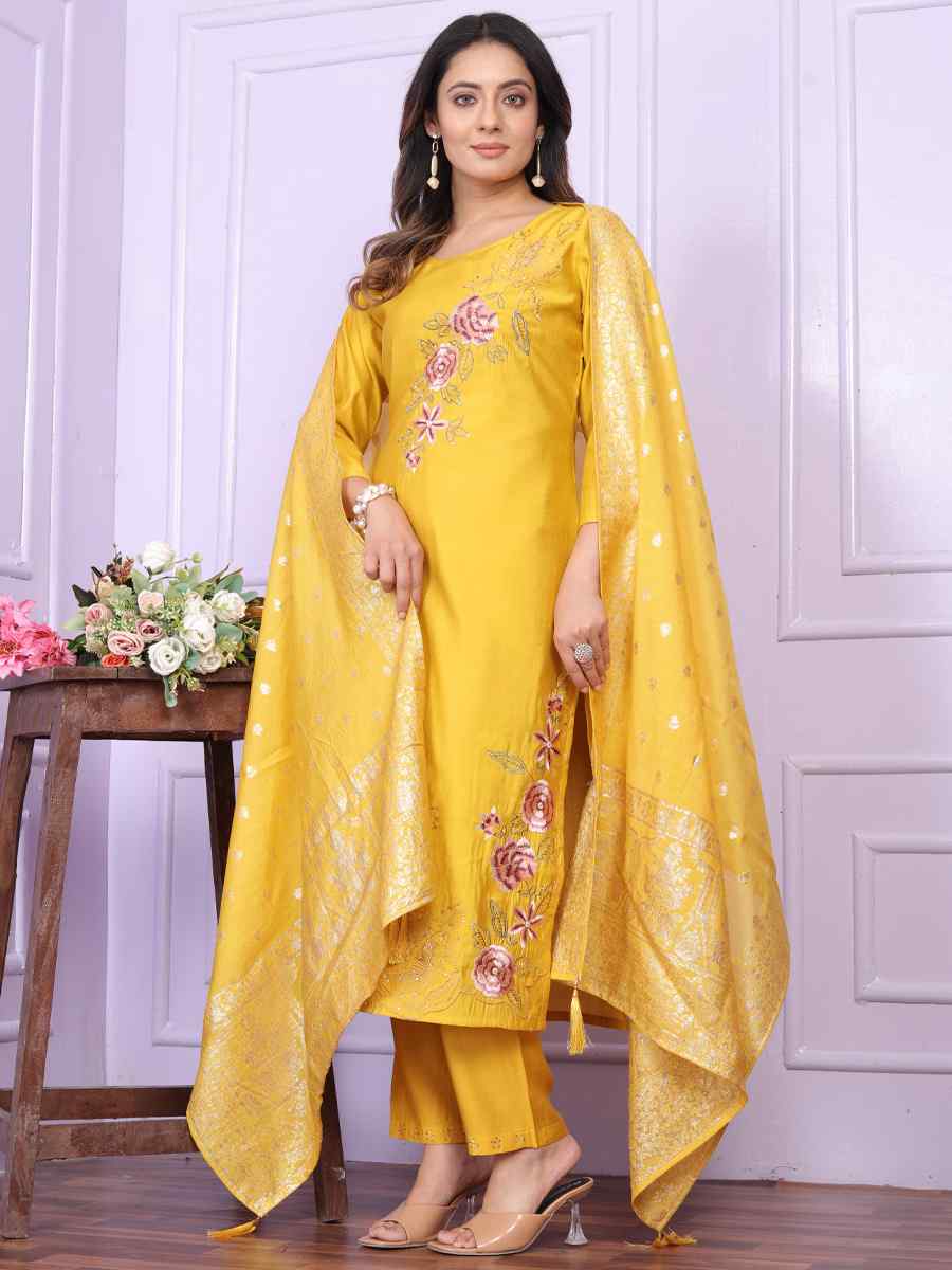 Yellow Russian Silk Embroidered Festival Mehendi Ready Pant Salwar Kameez