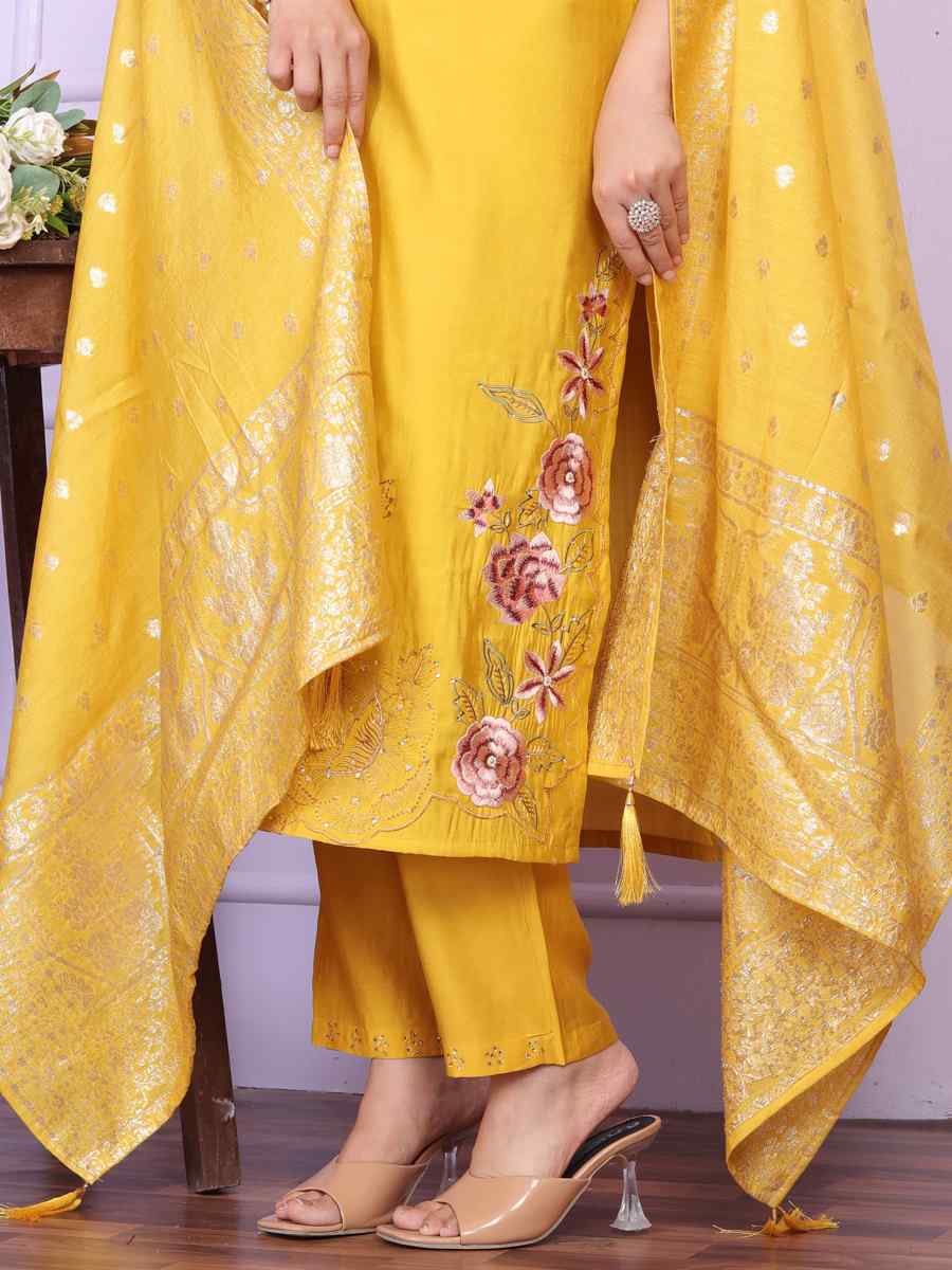 Yellow Russian Silk Embroidered Festival Mehendi Ready Pant Salwar Kameez