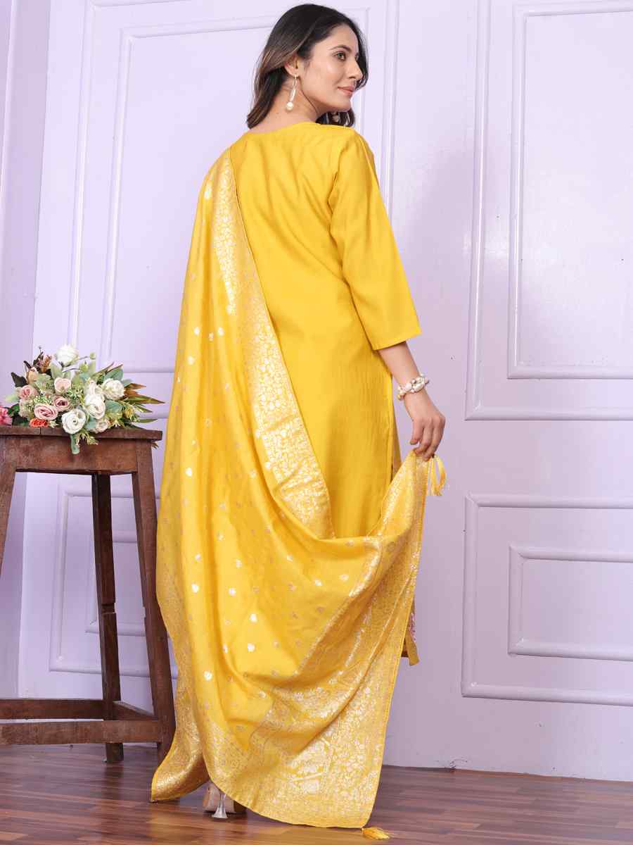 Yellow Russian Silk Embroidered Festival Mehendi Ready Pant Salwar Kameez