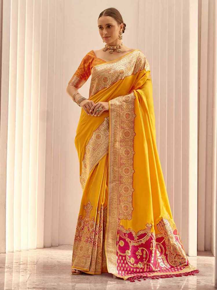 Yellow Satin Silk Handwoven Festival Wedding Heavy Border Saree