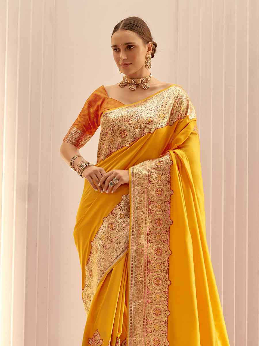 Yellow Satin Silk Handwoven Festival Wedding Heavy Border Saree