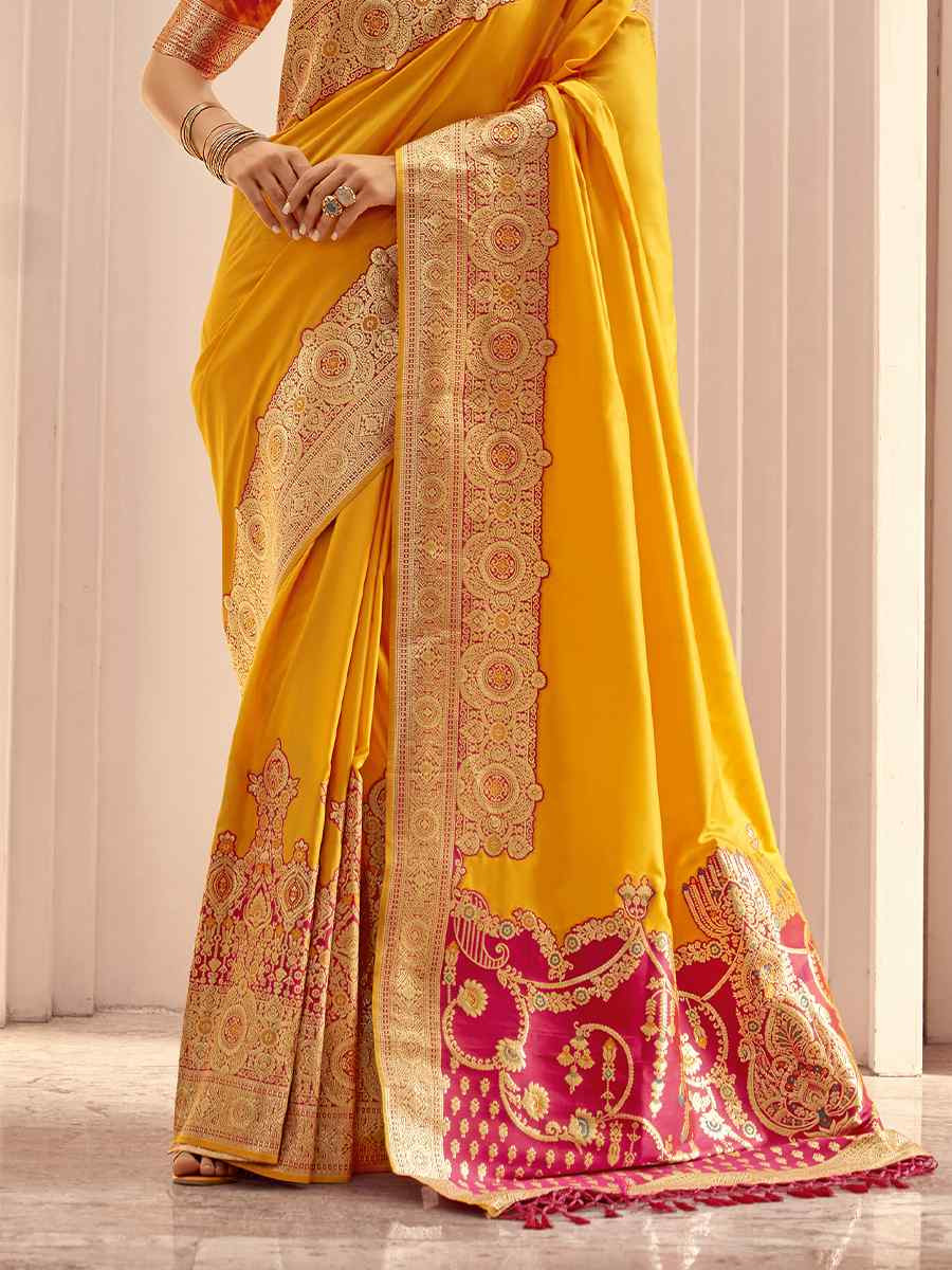 Yellow Satin Silk Handwoven Festival Wedding Heavy Border Saree