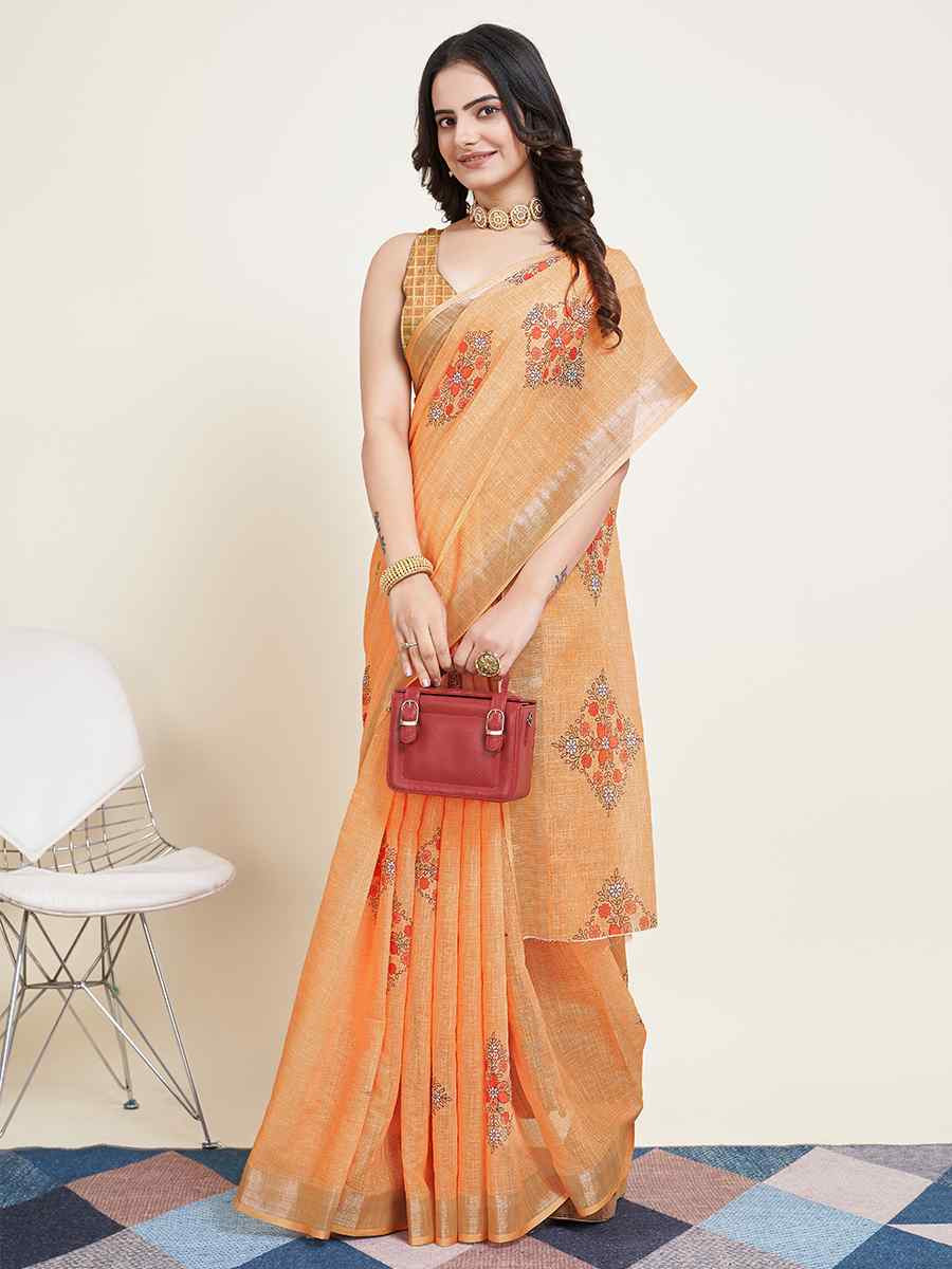 Yellow Semi Cotton Printed Festival Casual Contemporary Saree