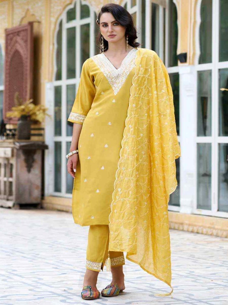 Yellow Silk Blend Embroidered Festival Mehendi Ready Pant Salwar Kameez