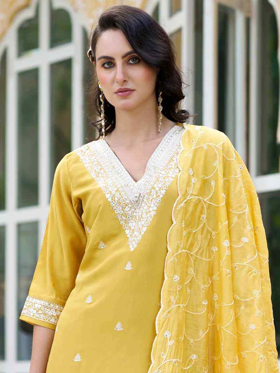 Yellow Silk Blend Embroidered Festival Mehendi Ready Pant Salwar Kameez