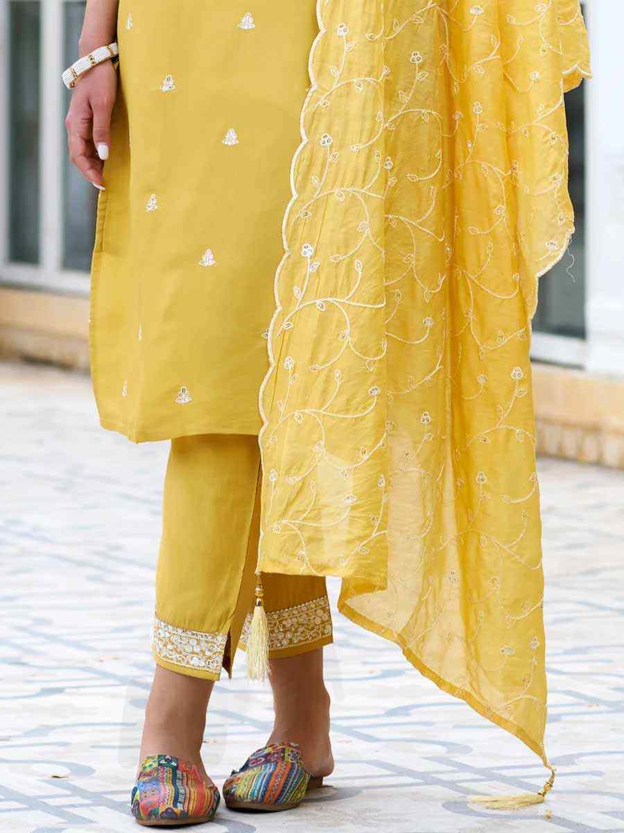 Yellow Silk Blend Embroidered Festival Mehendi Ready Pant Salwar Kameez