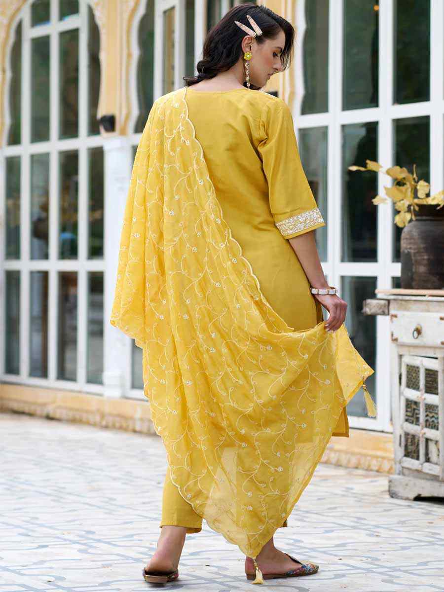 Yellow Silk Blend Embroidered Festival Mehendi Ready Pant Salwar Kameez