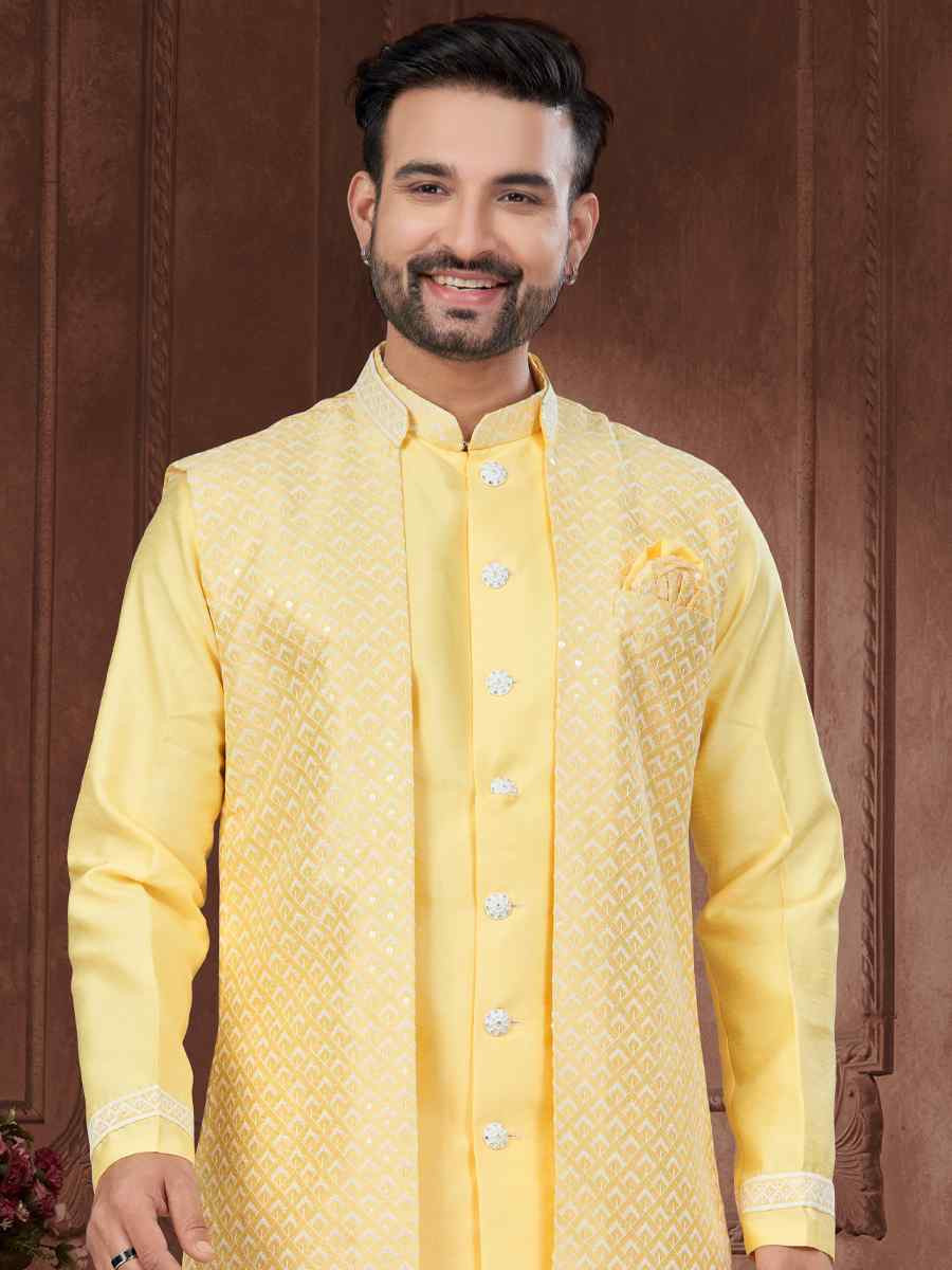 Yellow Silk Dupion Embroidered Festival Wedding Sherwani