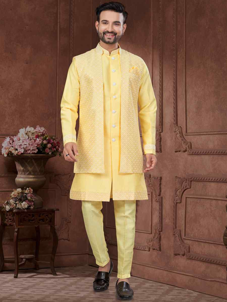 Yellow Silk Dupion Embroidered Festival Wedding Sherwani