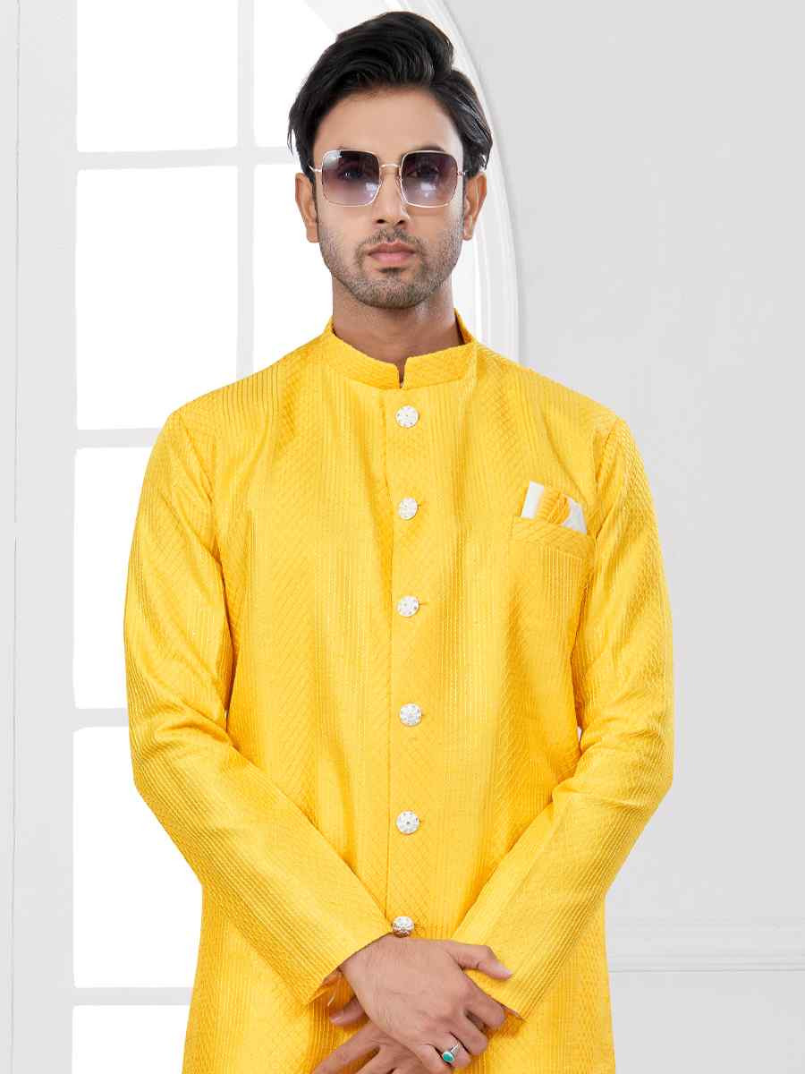 Yellow Silk Dupion Embroidered Festival Wedding Sherwani