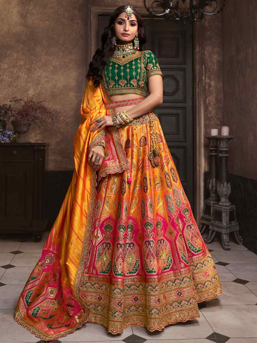 Yellow Silk Embroidered Bridal Wedding Heavy Border Lehenga Choli