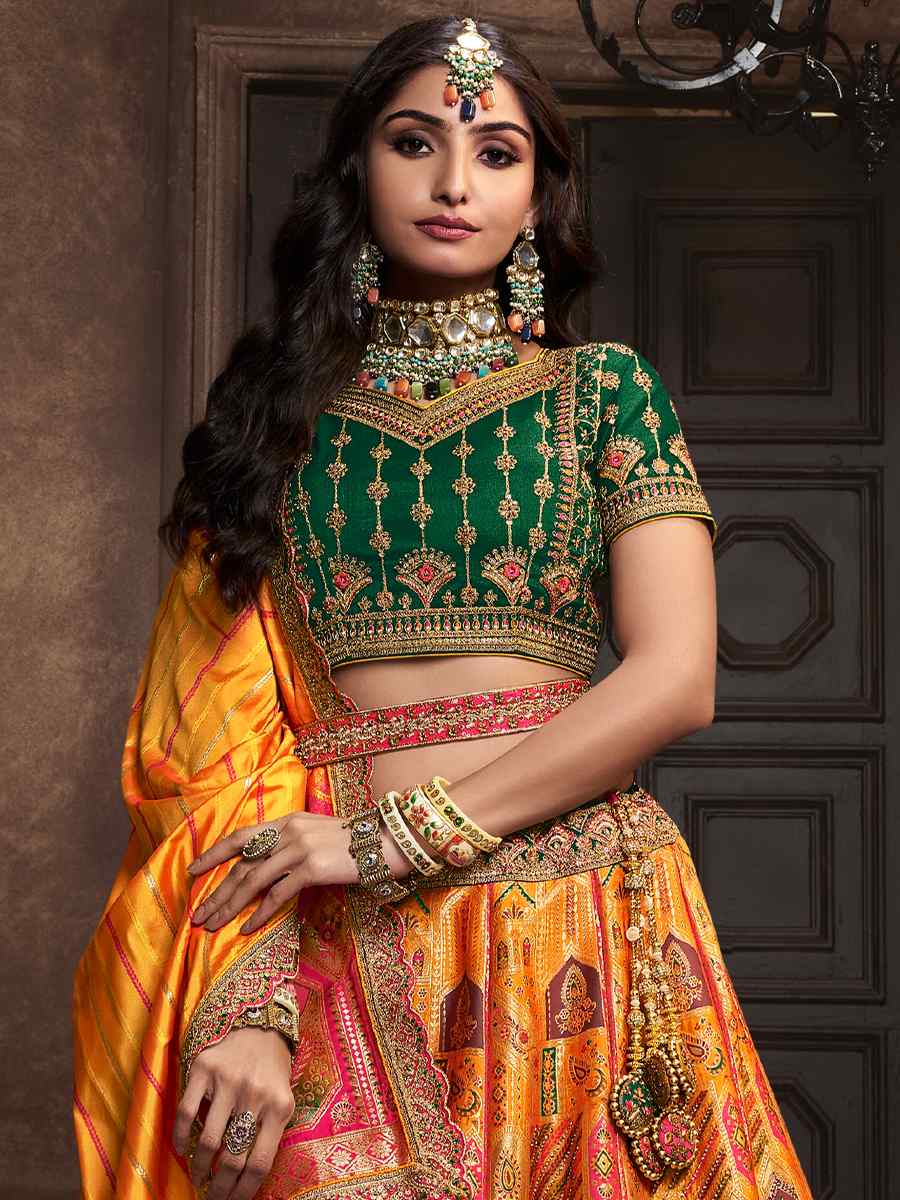 Yellow Silk Embroidered Bridal Wedding Heavy Border Lehenga Choli