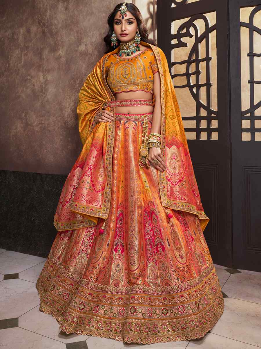 Yellow Silk Embroidered Bridal Wedding Heavy Border Lehenga Choli