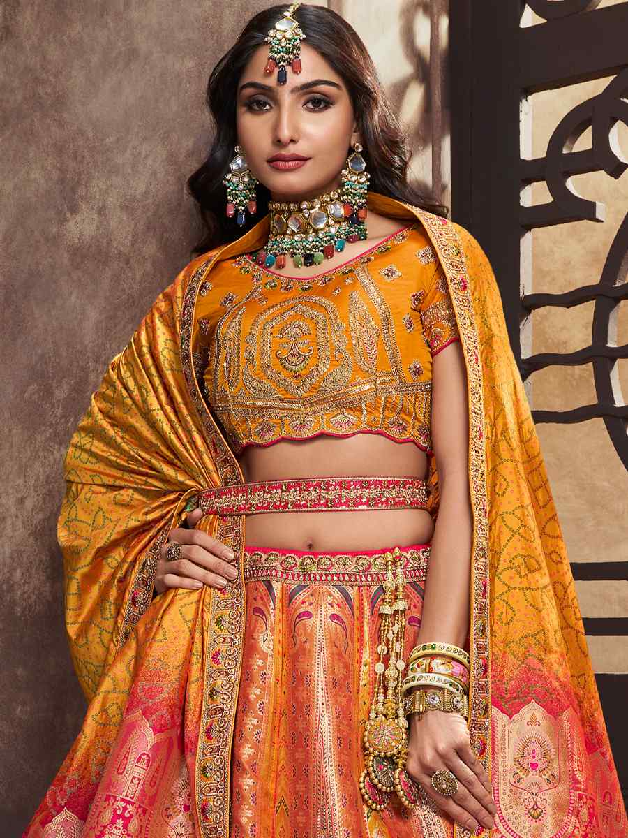 Yellow Silk Embroidered Bridal Wedding Heavy Border Lehenga Choli