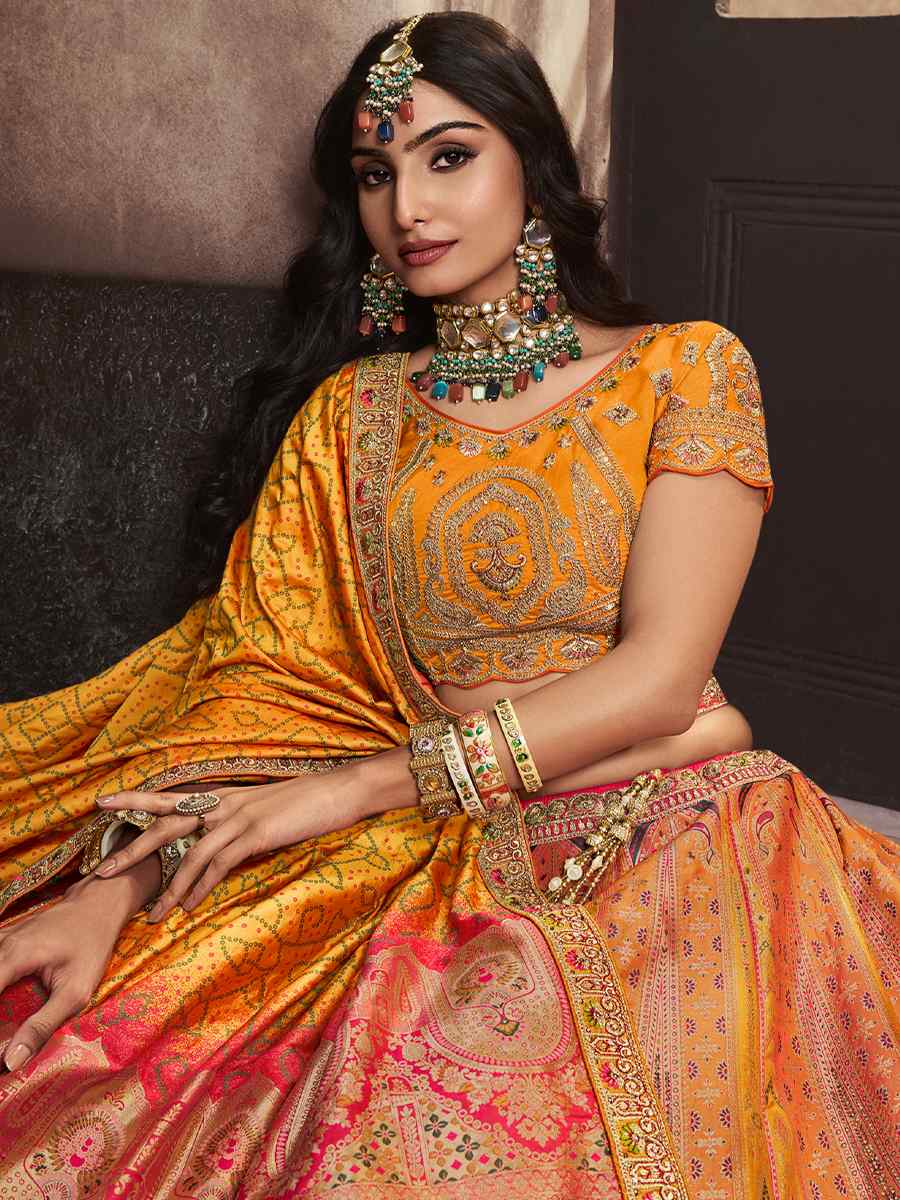 Yellow Silk Embroidered Bridal Wedding Heavy Border Lehenga Choli