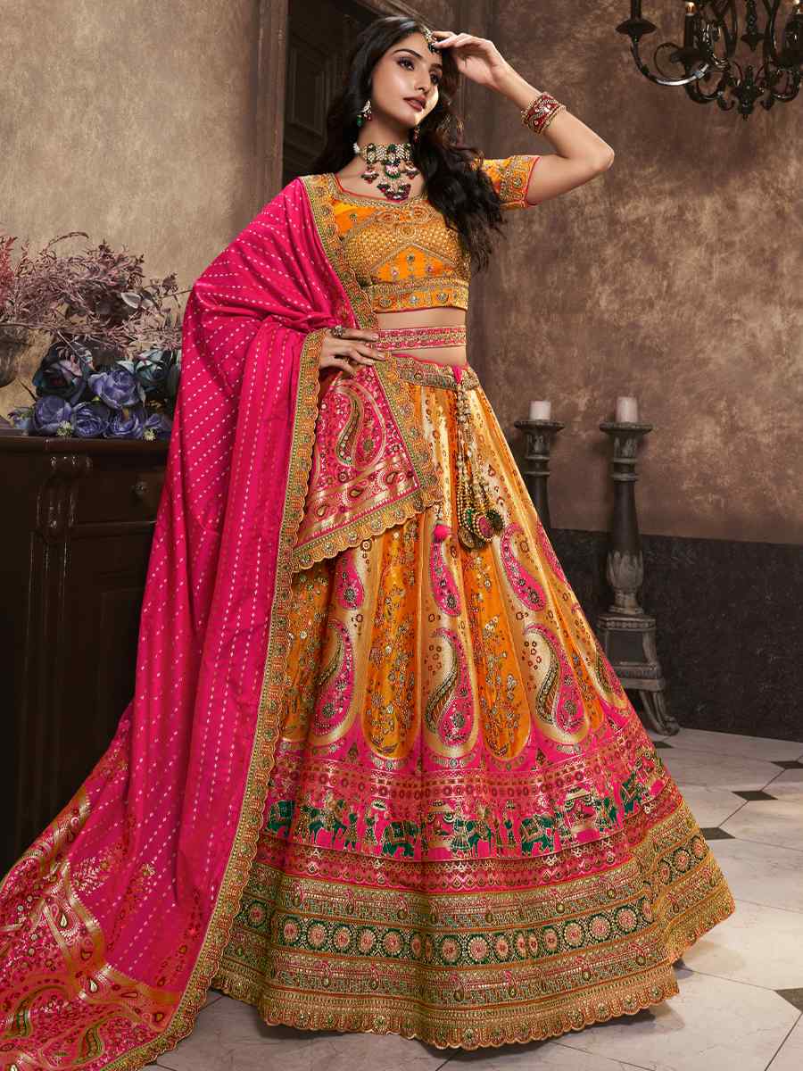 Yellow Silk Embroidered Bridal Wedding Heavy Border Lehenga Choli