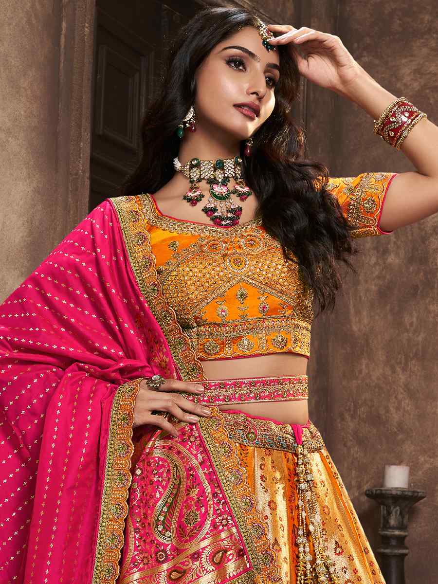 Yellow Silk Embroidered Bridal Wedding Heavy Border Lehenga Choli