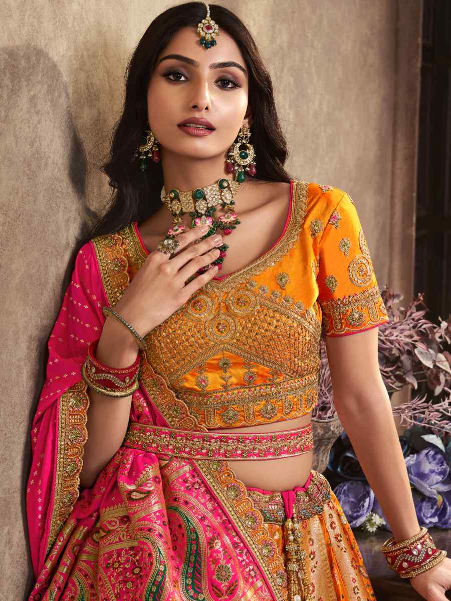 Yellow Silk Embroidered Bridal Wedding Heavy Border Lehenga Choli