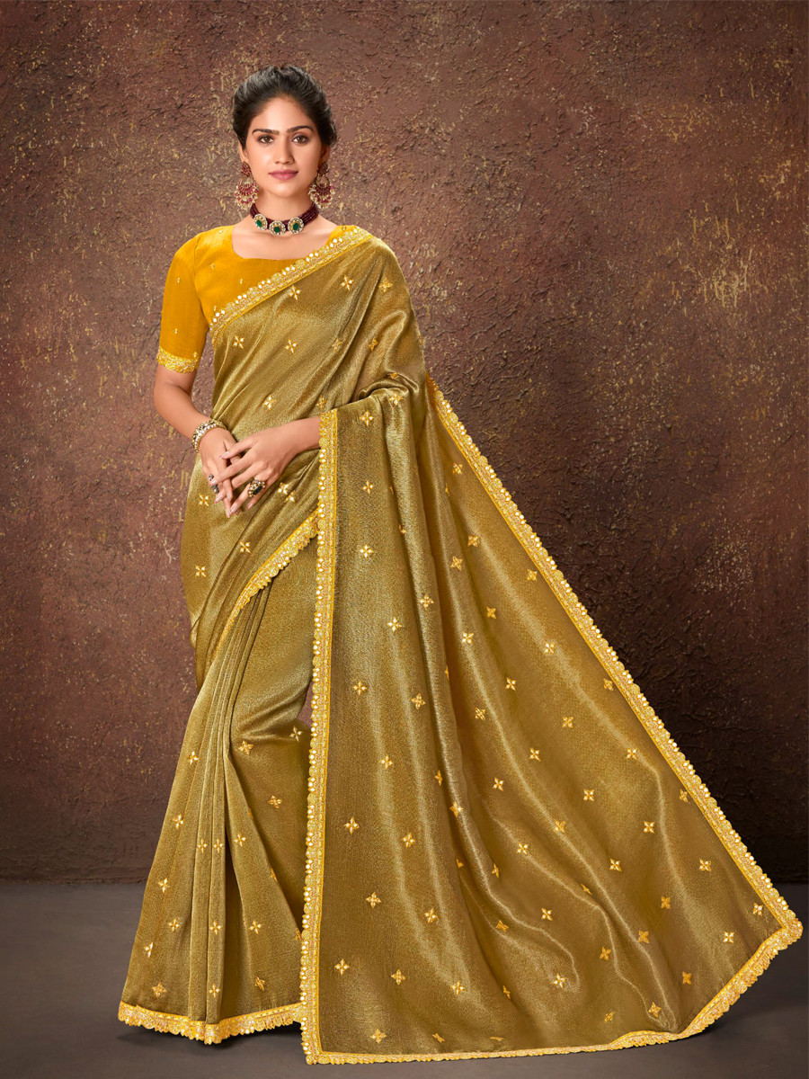 Yellow Silk Embroidered Reception Party Heavy Border Saree