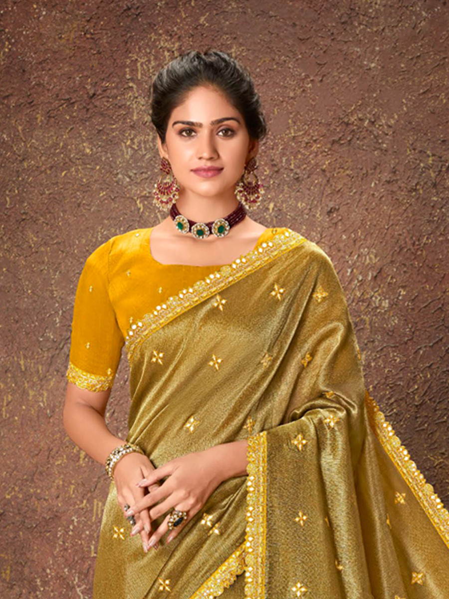 Yellow Silk Embroidered Reception Party Heavy Border Saree