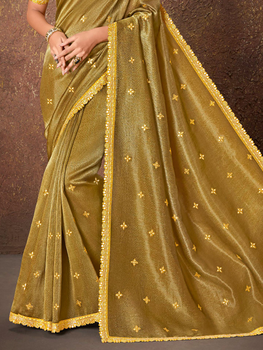 Yellow Silk Embroidered Reception Party Heavy Border Saree