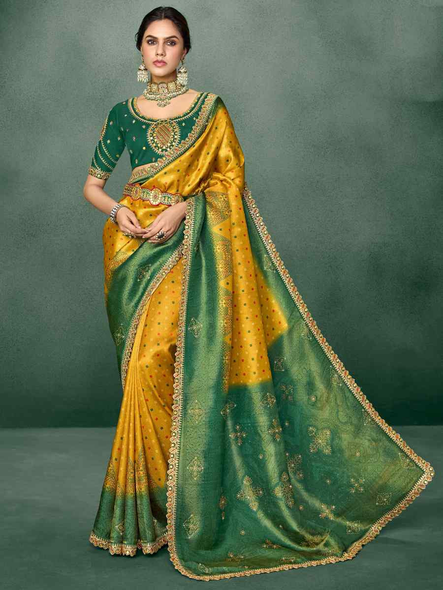 Yellow Silk Embroidered Reception Party Heavy Border Saree