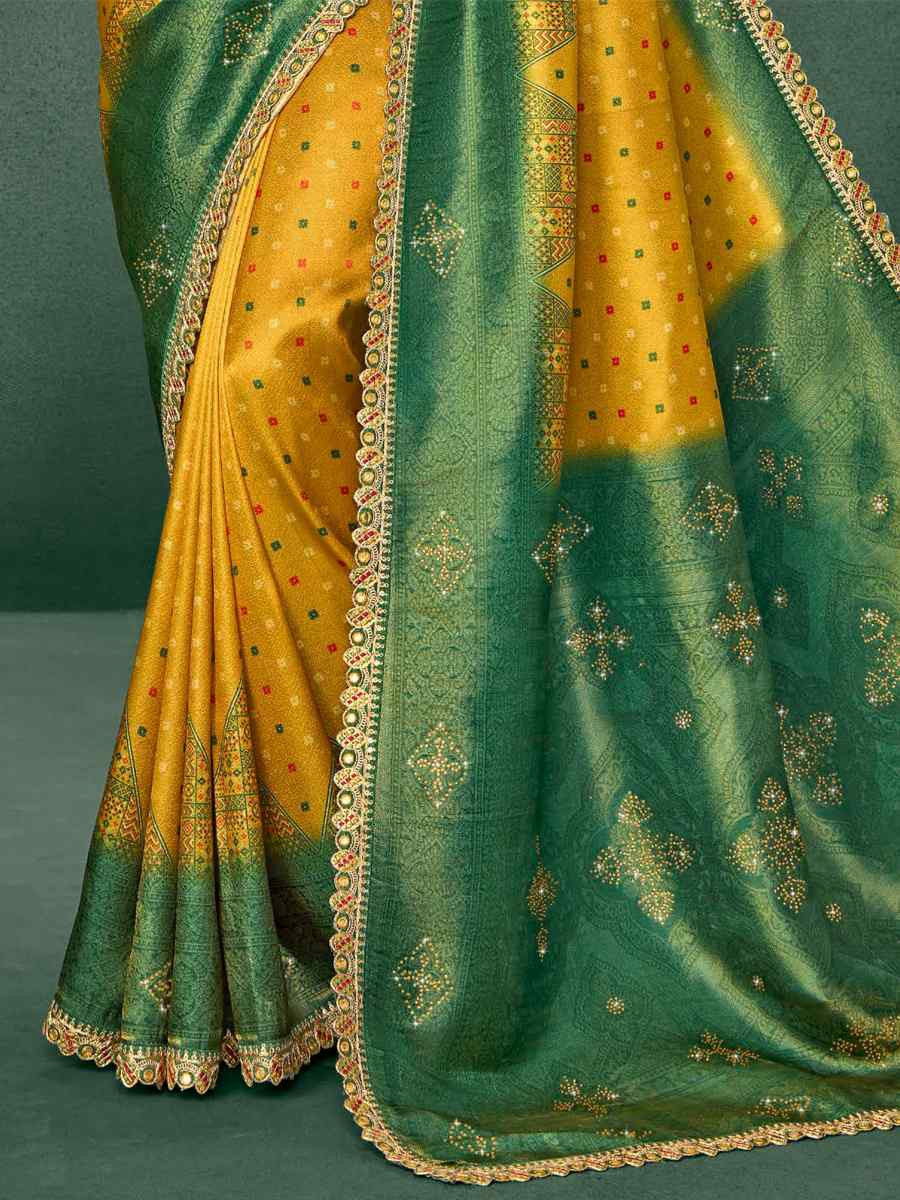 Yellow Silk Embroidered Reception Party Heavy Border Saree