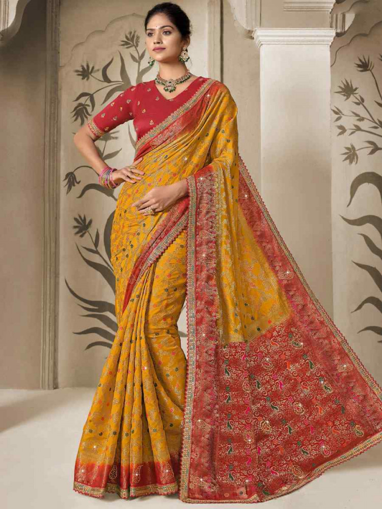 Yellow Silk Embroidered Reception Wedding Heavy Border Saree