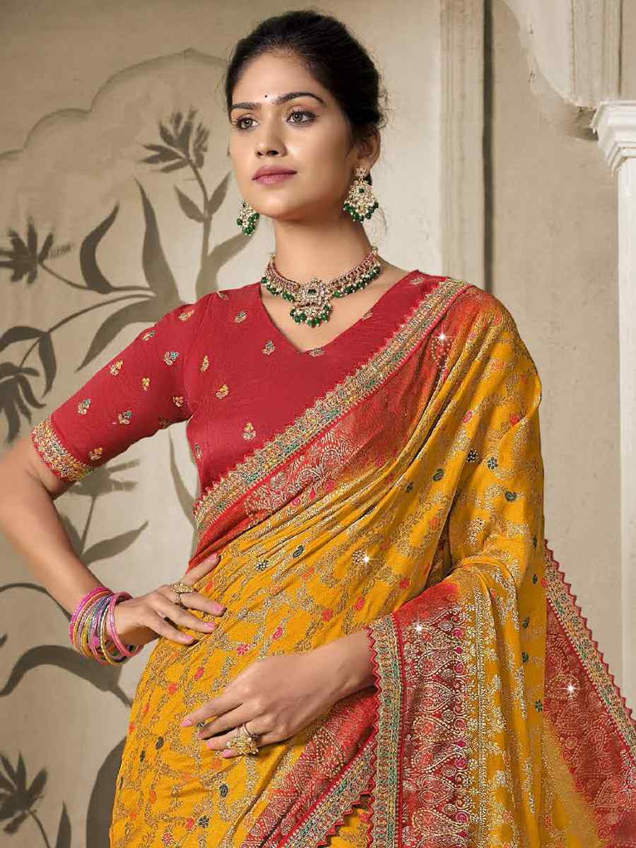 Yellow Silk Embroidered Reception Wedding Heavy Border Saree