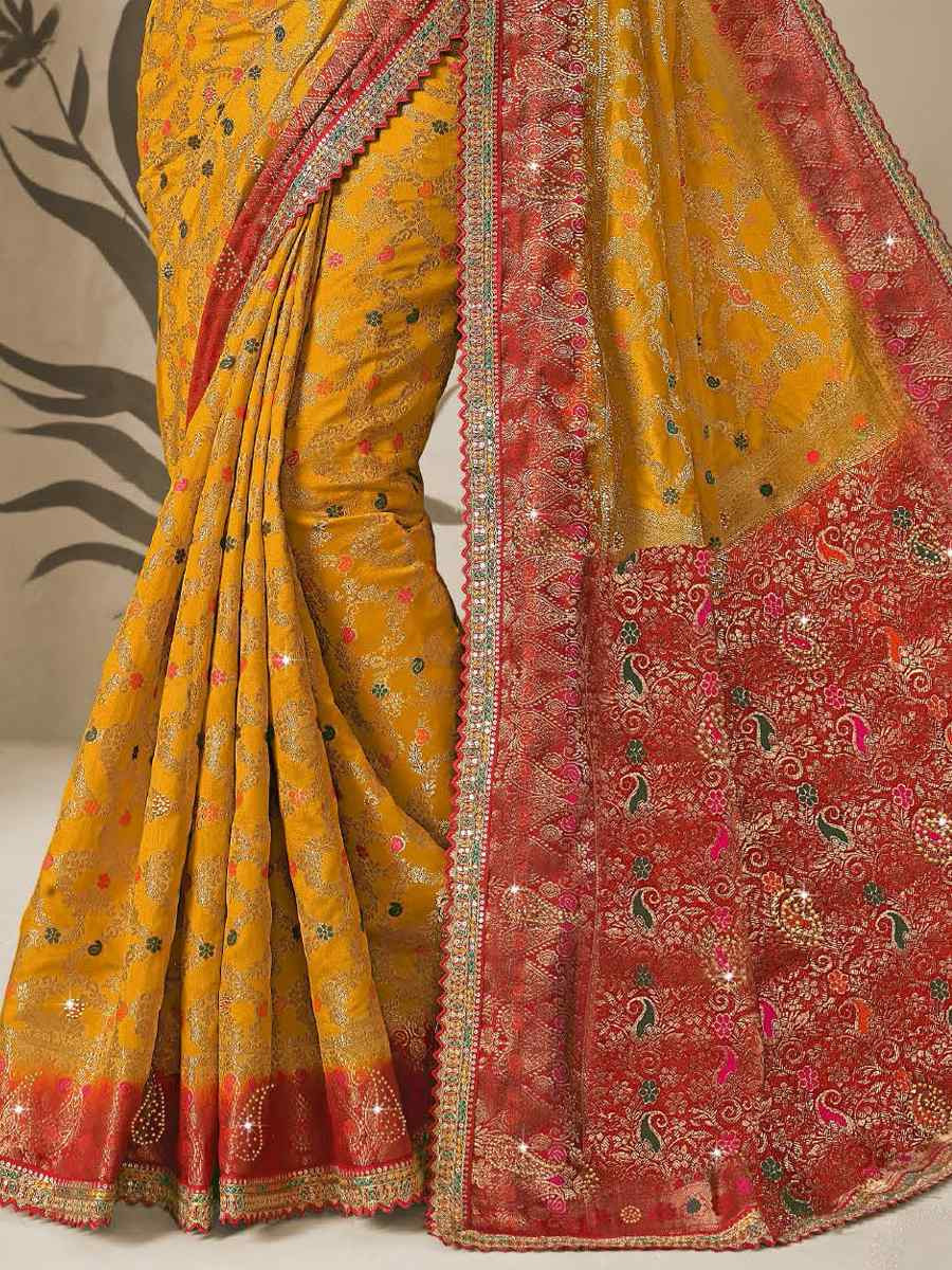 Yellow Silk Embroidered Reception Wedding Heavy Border Saree