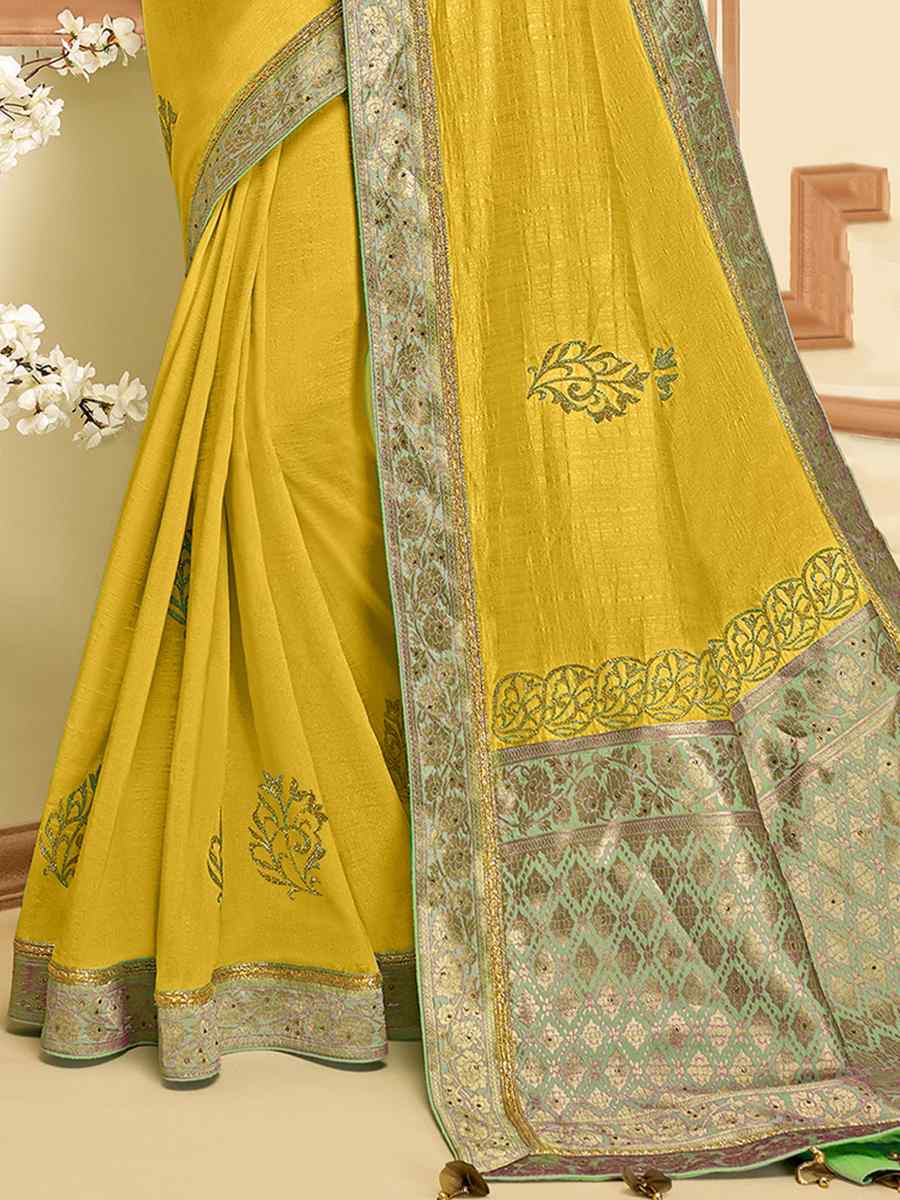 Yellow Silk Embroidered Reception Wedding Heavy Border Saree