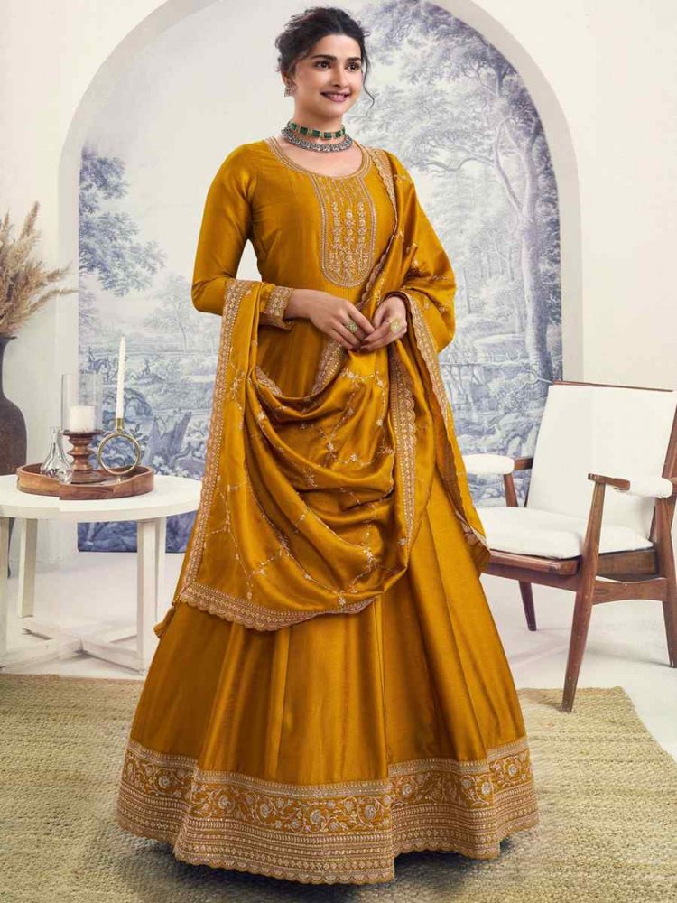 Yellow Silk Georgette Embroidered Festival Mehendi Gown