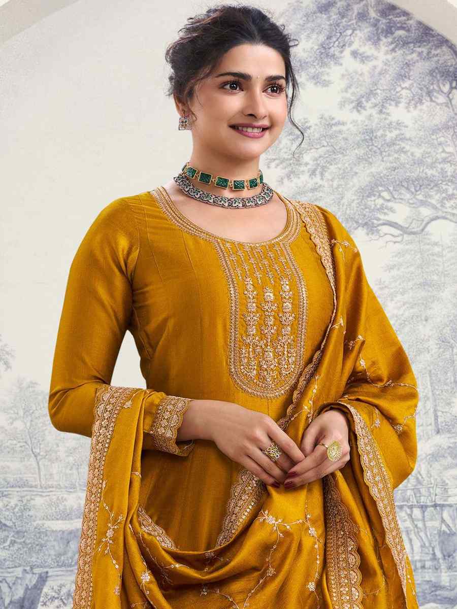 Yellow Silk Georgette Embroidered Festival Mehendi Gown